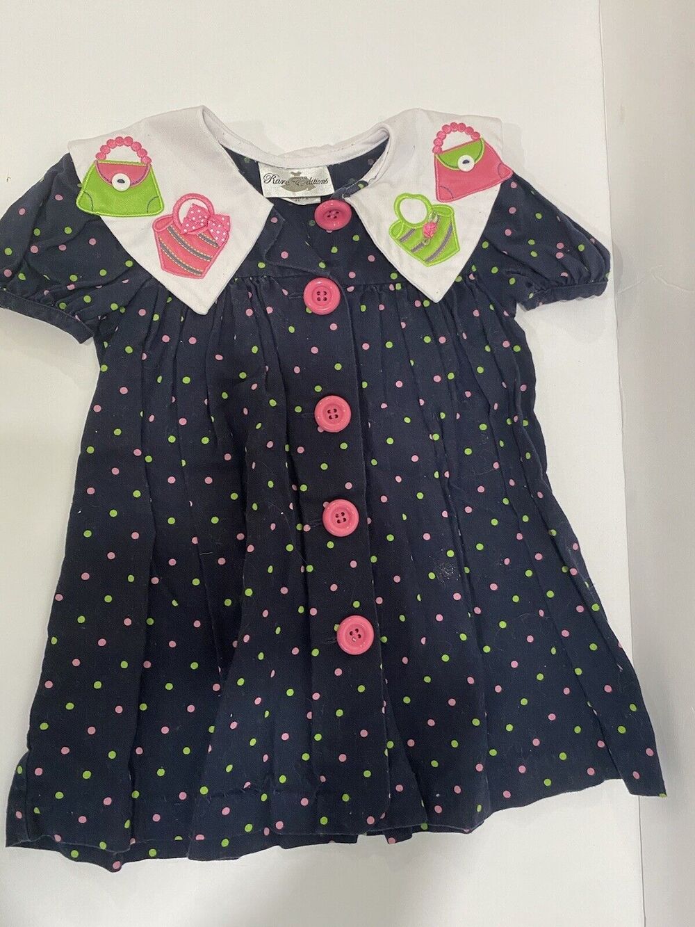 RARE EDITIONS Smocked Blue Polka Dot Dress Girls Size 2T Purse On Collar